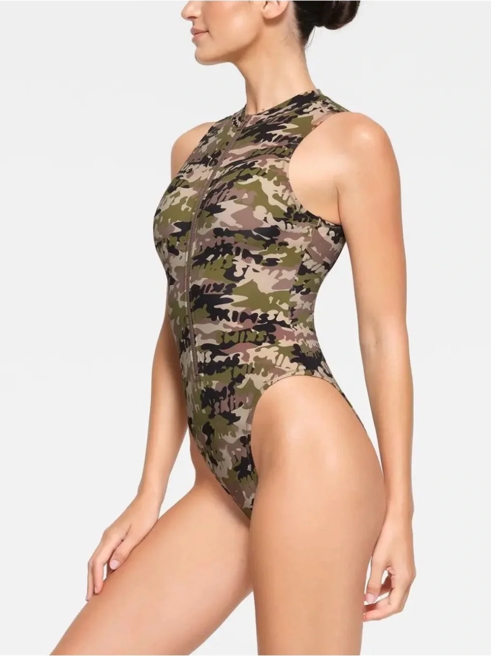 SKIMS Camo Zip-Front One-Piece Swimsuit - Green Camo